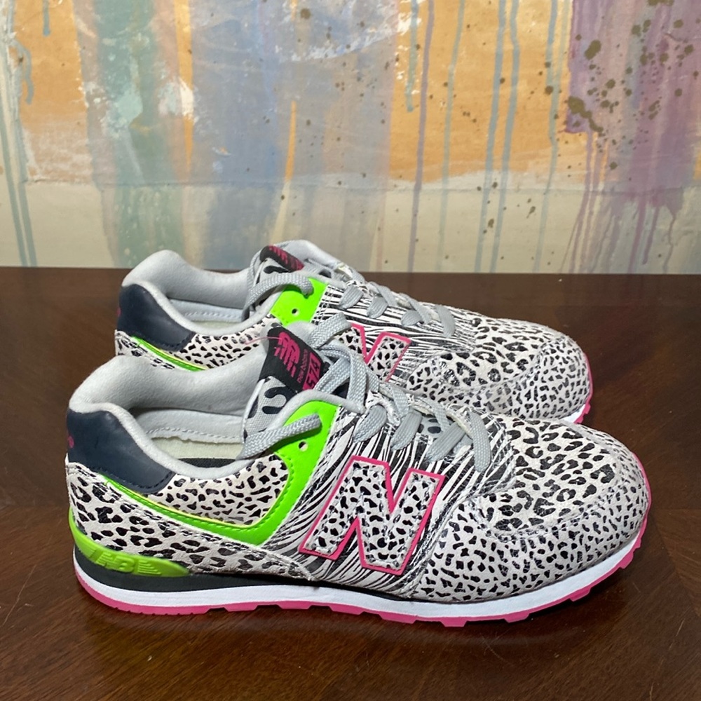 New Balance White Leopard Print Sneakers with Neon Green & Pink Accents